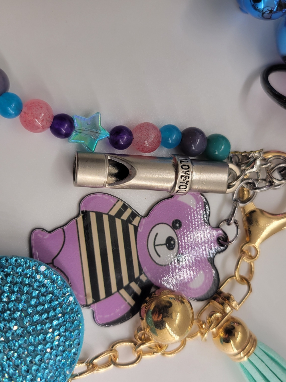 Purple Bear Keychain Charm with Whistle and Beaded Accent